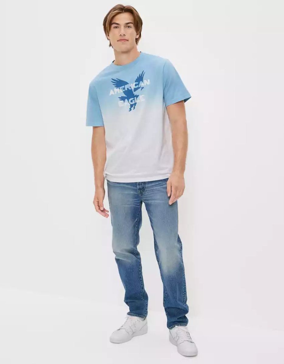 T Shirt Graphique American Eagle AE Super Soft Dip-Dye Logo Bleu Homme | WGA-09929453